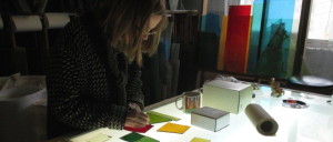 Choosing colour glass samples for St. Mary Magdalene Church,Toronto for a new commissioned memorial stained glass window