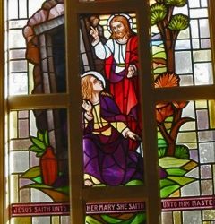 Reclaimed stained glass window for sale, Jesus and Mary Magdelene - Jesus Rising from the Dead.